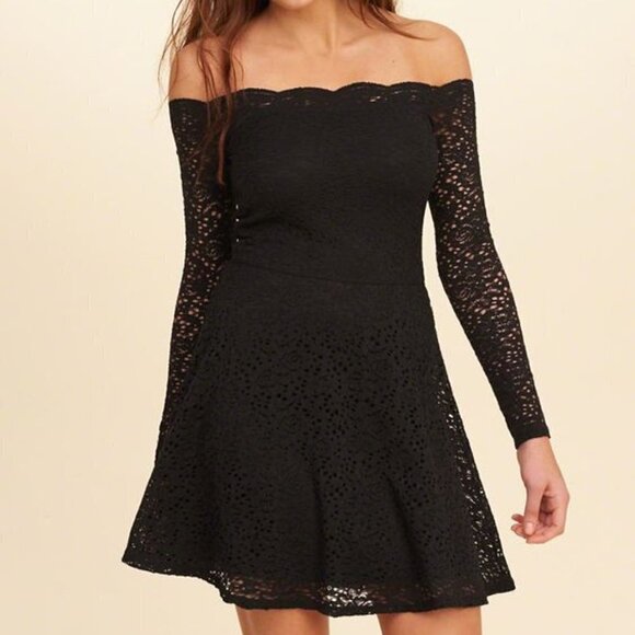 Hollister Dresses & Skirts - Hollister black lace off shoulder skater dress Whimysgoth Size Large